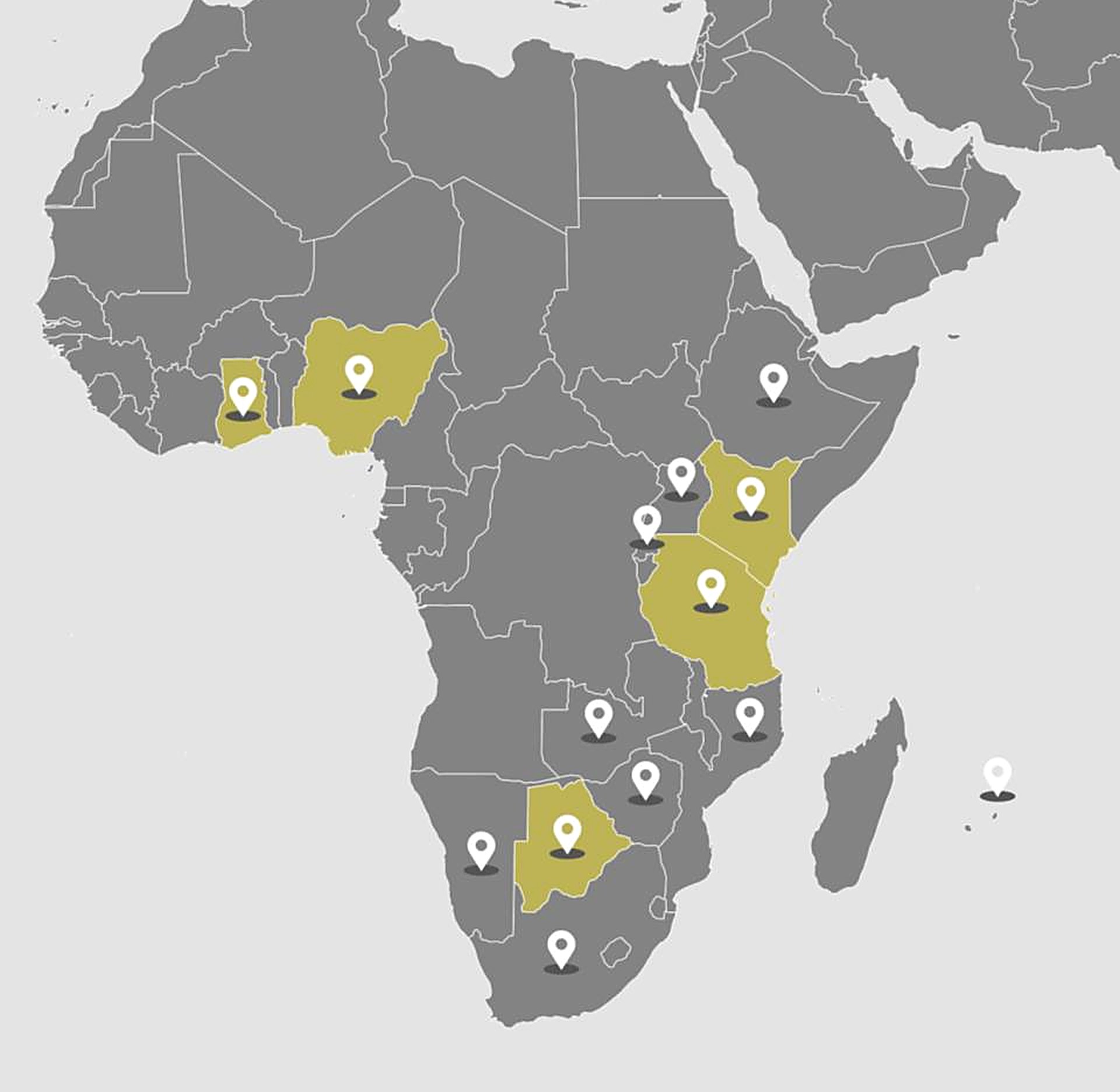 Map of Africa marking the countries where Meraki Capital is active, with Meraki representatives highlighted in olive